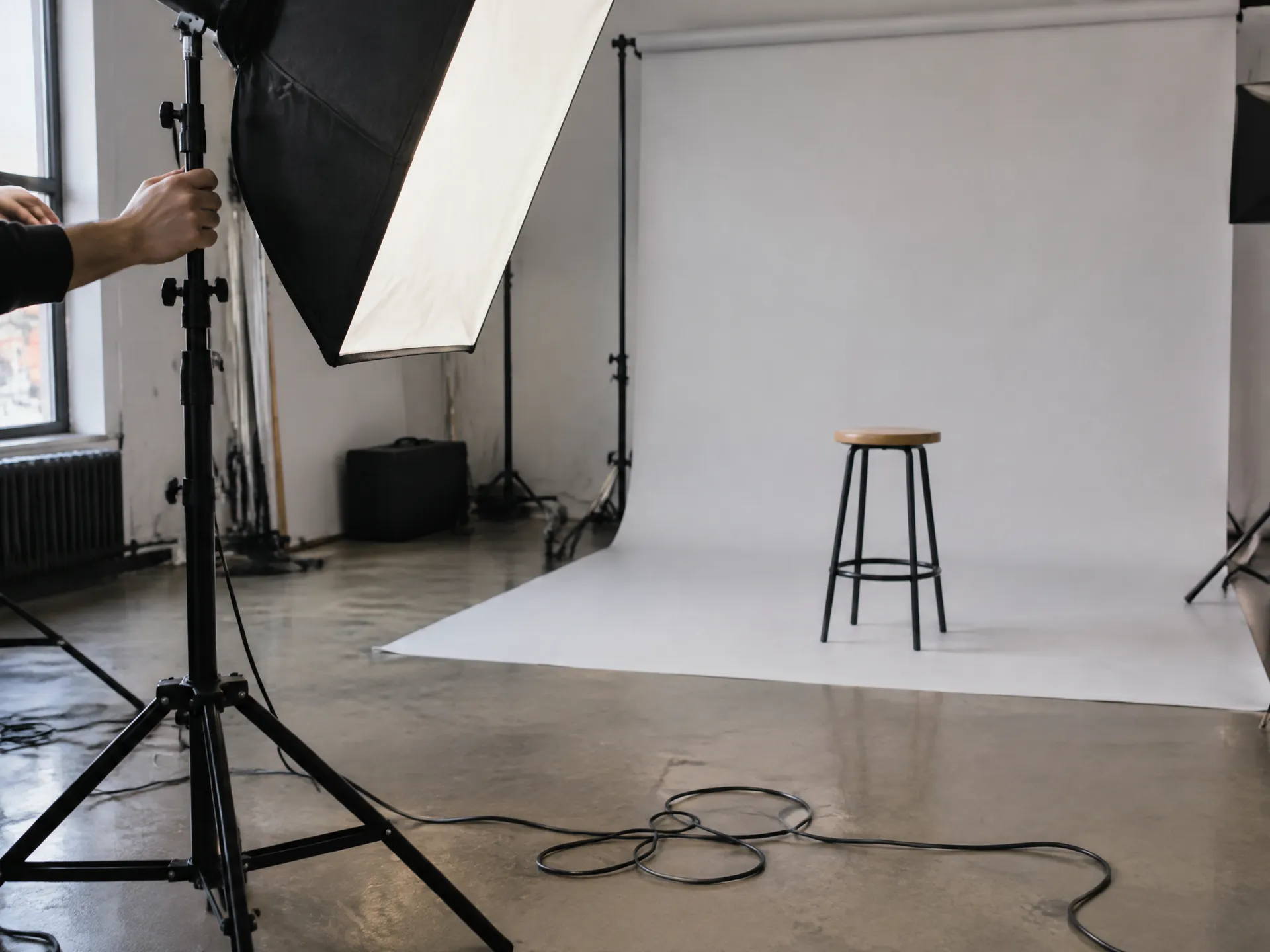 Studio softbox light stand being adjusted for a reshoot