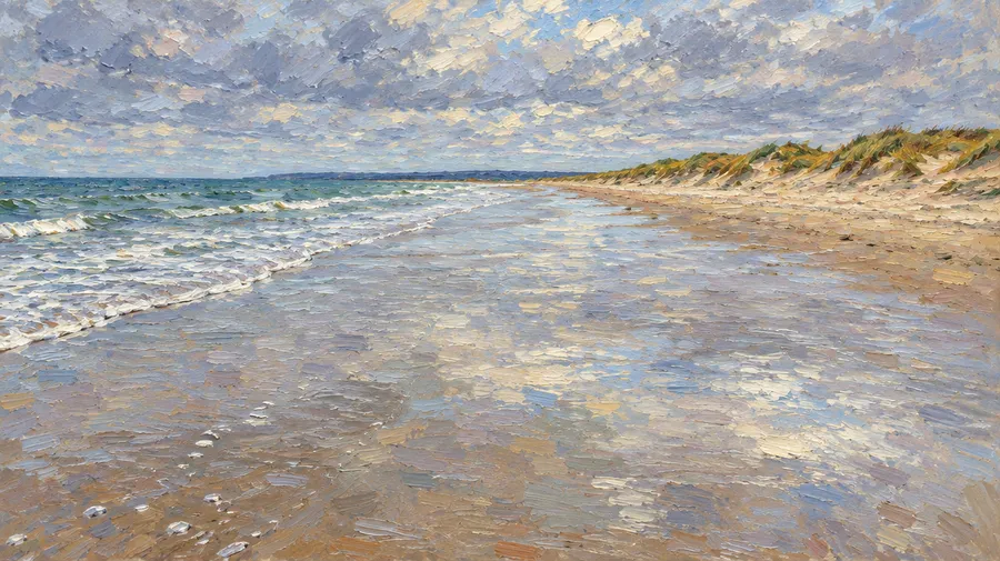 The beach scene repainted as an impressionist oil painting with visible brushwork