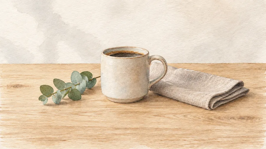 The coffee cup and napkin still life redrawn as a watercolour with paper texture