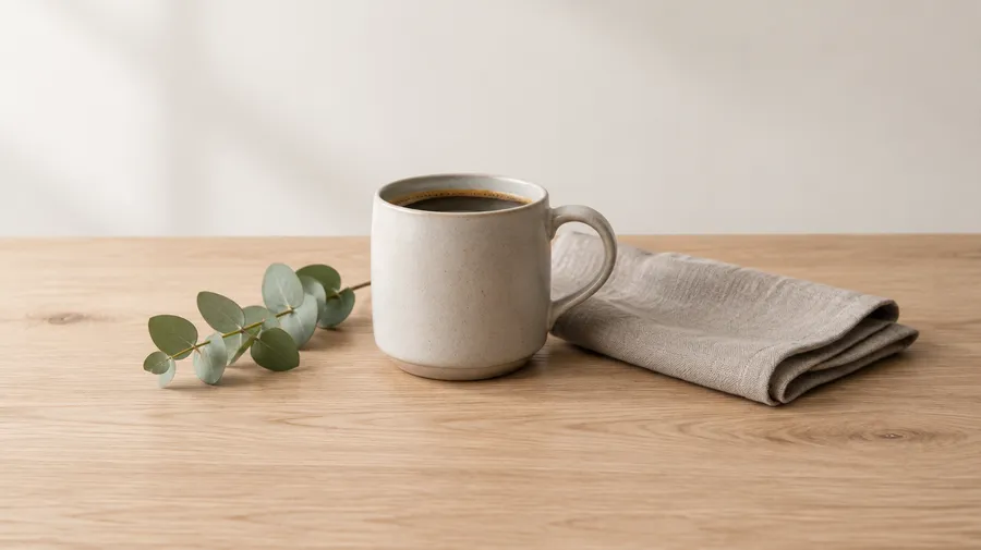 Photo of a ceramic coffee cup and grey linen napkin on a light oak table