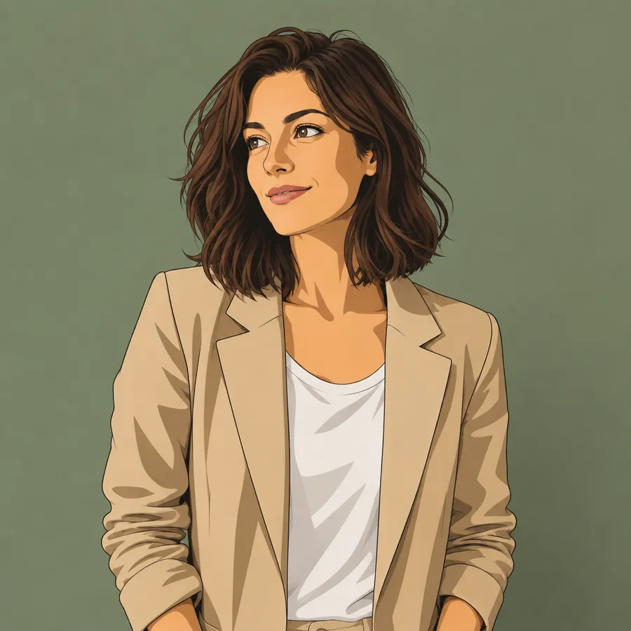 The same portrait of the woman in a tan jacket redrawn as a cel-shaded anime illustration