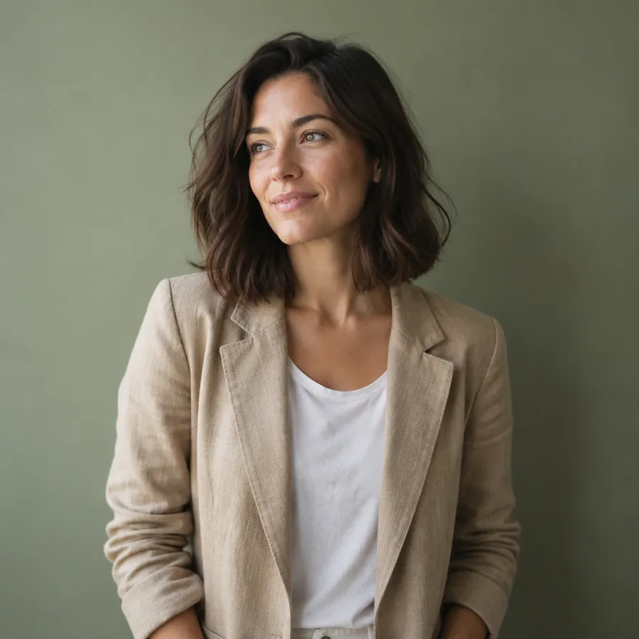 Studio portrait of a woman in a tan linen jacket in front of a plain green wall