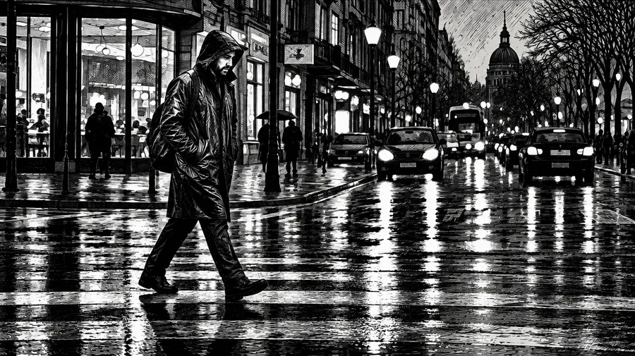 The wet city crossing redrawn as a black-and-white inked graphic novel panel