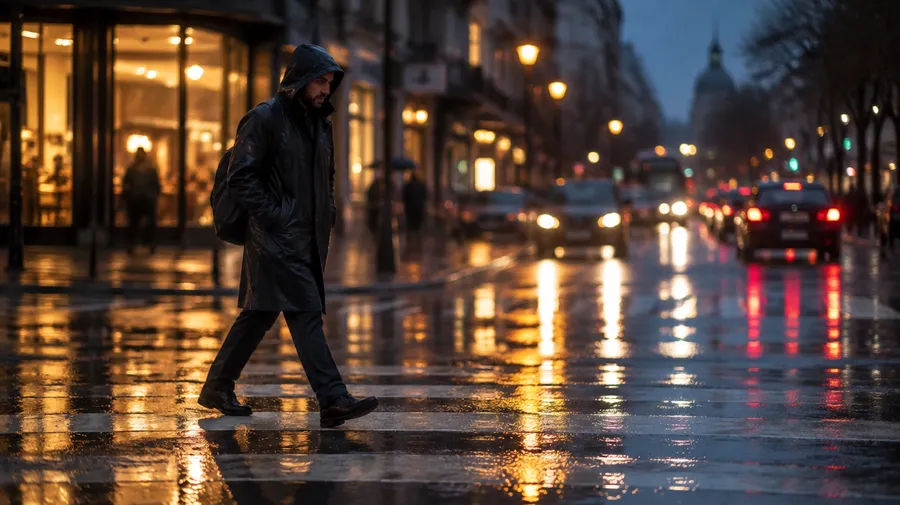 Street photo of a man in a raincoat crossing a wet city road at dusk