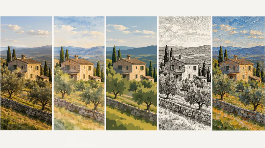 One hillside farmhouse shown as a photo, watercolour, vector, ink drawing and oil painting