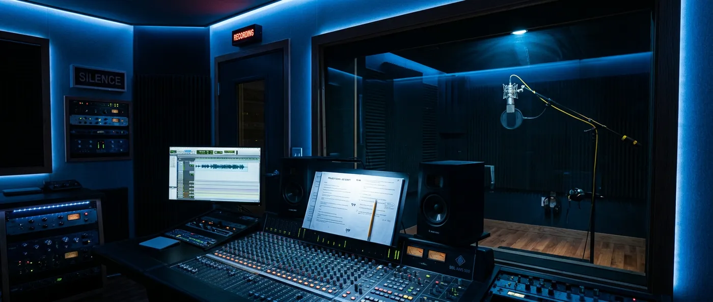 Empty professional voice-over recording studio with a vocal booth and microphone at night, representing the cost of hiring a studio and actor