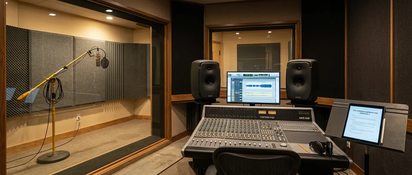 Empty professional voice-over recording studio with a vocal booth and microphone, representing the cost of hiring a studio and actor