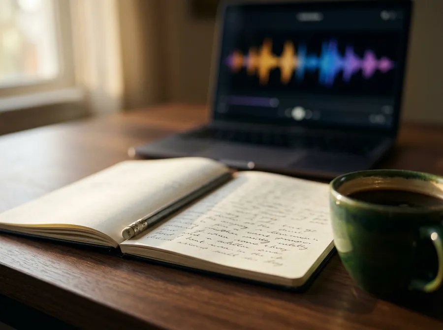 An open notebook with soft out-of-focus handwriting beside a laptop showing an audio waveform and a cup of coffee in warm window light, representing writing your own lyrics or letting the model write them. Image generated with getimg.ai.
