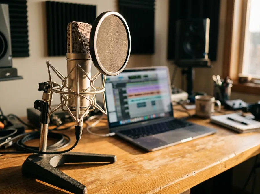 A silver condenser microphone on a desk stand with a pop filter in front of a laptop showing an audio editing interface, representing generating a song with Eleven Music 2. Image generated with getimg.ai.