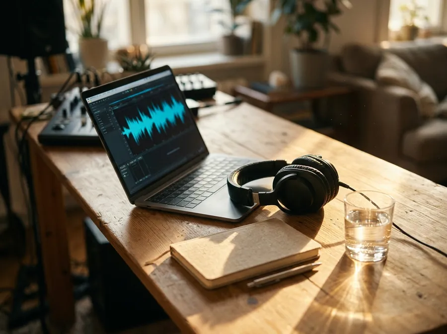 A single pair of studio headphones resting beside a laptop showing a blue audio waveform on a sunlit wooden desk, representing generating a song with Google Lyria 3 Pro. Image generated with getimg.ai.