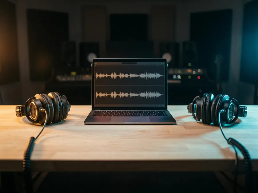 Two pairs of studio headphones on a wooden desk, one lit warm amber and one lit cool blue, with a laptop between them showing two stacked audio waveforms, representing running one song brief through two music models. Image generated with getimg.ai.
