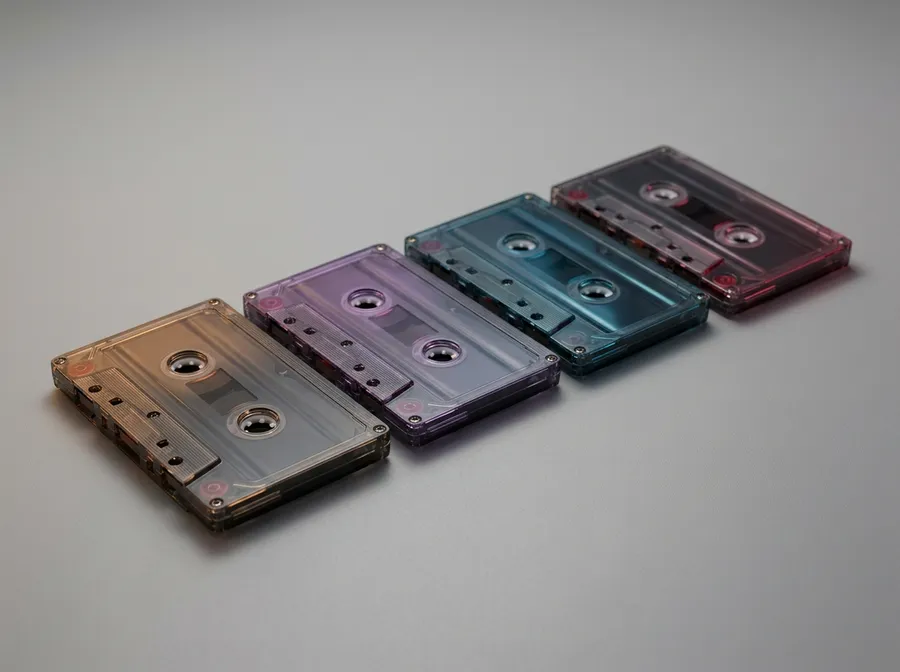 Four identical blank cassette tapes in a row on a neutral grey surface, each catching slightly different coloured studio light, representing multiple generated variations of one song brief. Image generated with getimg.ai.