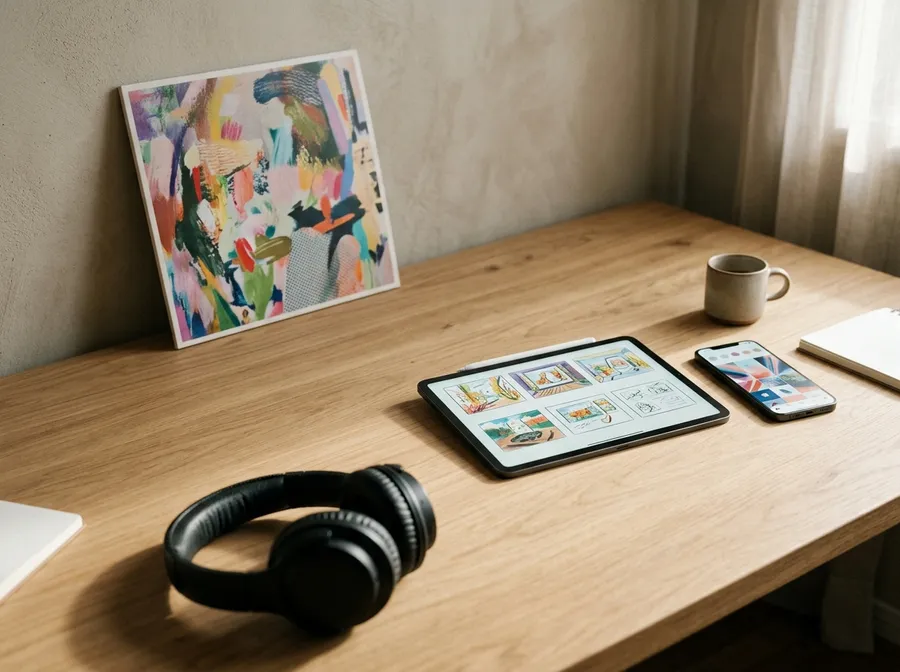 A desk with a printed square album cover propped against the wall, a tablet showing a video storyboard grid, a phone showing a vertical social post and studio headphones, representing a song and its visual assets made in one project. Image generated with getimg.ai.