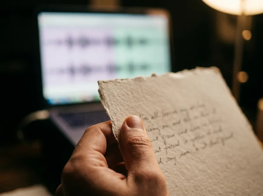 A hand holding a sheet of handwritten verses in front of a laptop screen showing a glowing audio waveform in a dim studio, representing turning your own lyrics into a finished song. Image generated with getimg.ai.