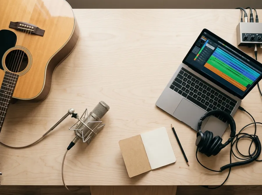 Overhead view of a song session on a birch table with an acoustic guitar, a condenser microphone, studio headphones and a laptop showing a colourful multitrack arrangement, representing a complete generated track with vocals and arrangement. Image generated with getimg.ai.