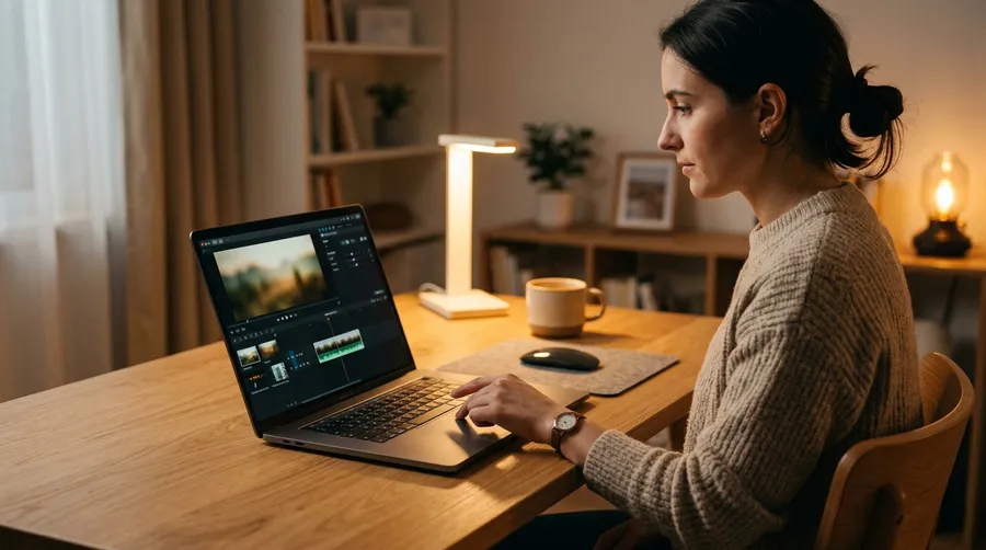Video editor at a warm, softly lit desk pressing enter on a laptop as a short audio waveform appears beside a paused video clip, illustrating generating a sound effect from a text prompt. Image generated with getimg.ai.