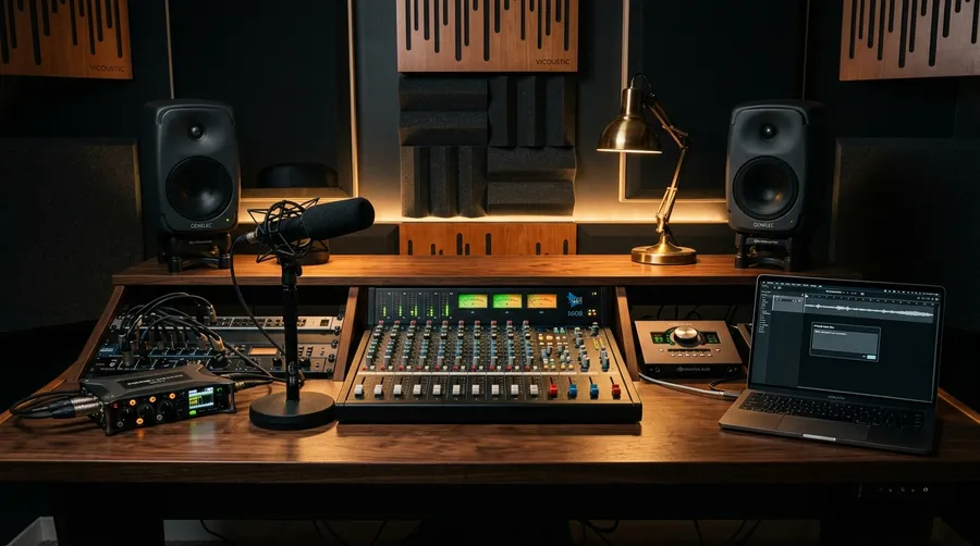 Audio workstation with a hardware field recorder and shotgun microphone on one side of the desk and a laptop prompt box on the other, illustrating combining recorded Foley with generated sound effects. Image generated with getimg.ai.