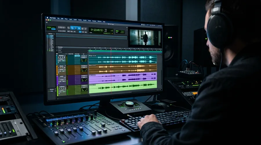 Sound designer in headphones at a studio workstation reviewing a multitrack timeline of four separate coloured waveform layers aligned to a film clip, illustrating layered sound design. Image generated with getimg.ai.
