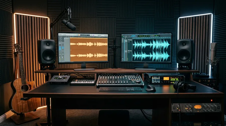 Studio desk split between a long continuous music waveform beside an acoustic guitar and a short sound effect waveform beside a field recorder and headphones, illustrating the difference between AI music and AI sound effects. Image generated with getimg.ai.