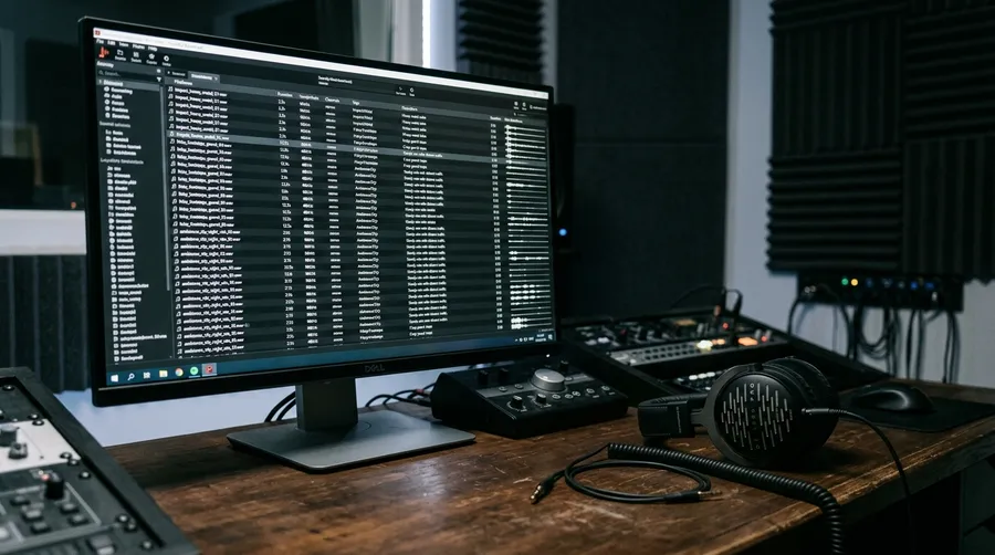 Studio monitor showing a long categorised list of recorded sound effect files with durations and tags beside a pair of open-back headphones, illustrating searching a traditional sound effects library. Image generated with getimg.ai.