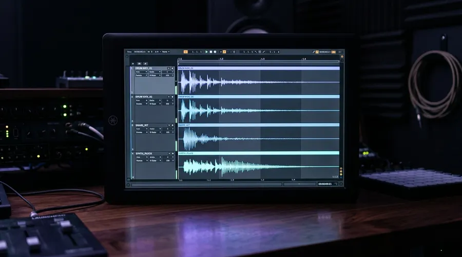 Studio monitor showing four short audio waveform variations of the same sound stacked for comparison, illustrating generating several takes from one prompt. Image generated with getimg.ai.