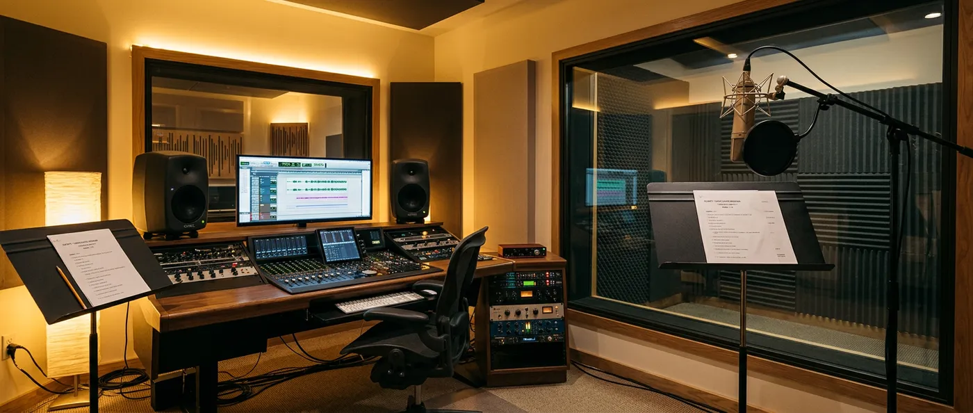 Empty professional voice-over recording studio with a vocal booth and microphone, representing the cost of hiring a studio and actor