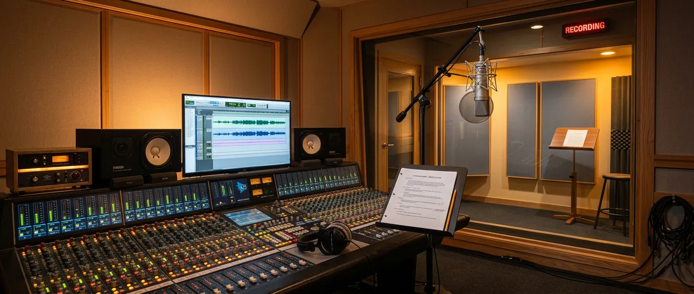 Empty professional voice-over recording studio with a vocal booth and microphone, representing the cost of hiring a studio and actor
