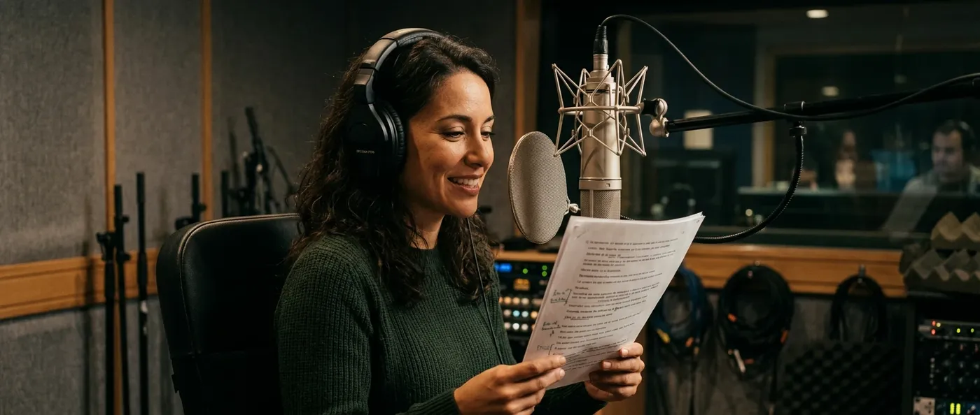 Spanish voice actor recording in a professional studio booth