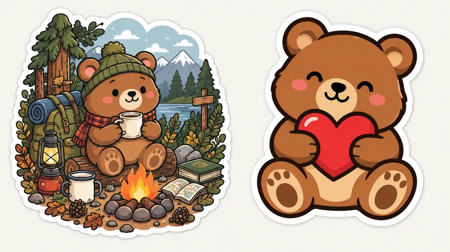 Cluttered cartoon bear sticker beside a simplified version with bold outline