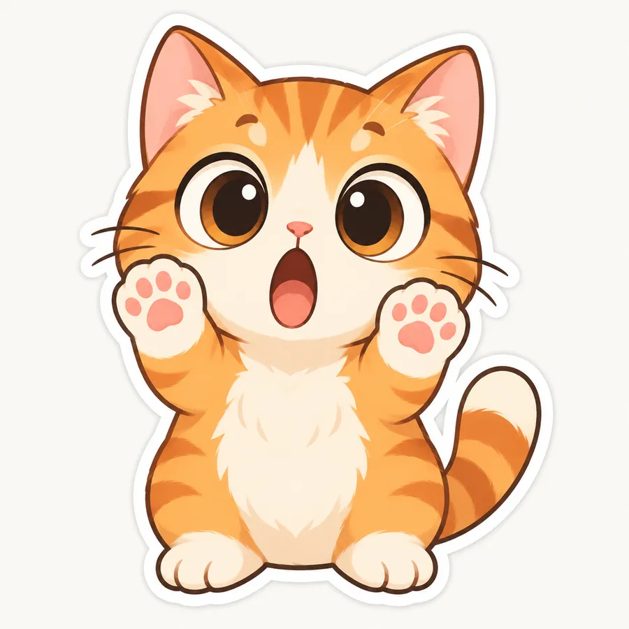 Cartoon orange cat sticker with surprised expression and thick white outline