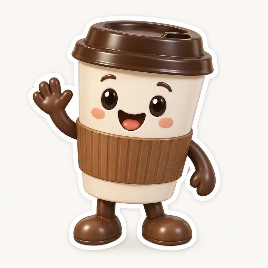 3D takeaway coffee cup character sticker waving, with white outline