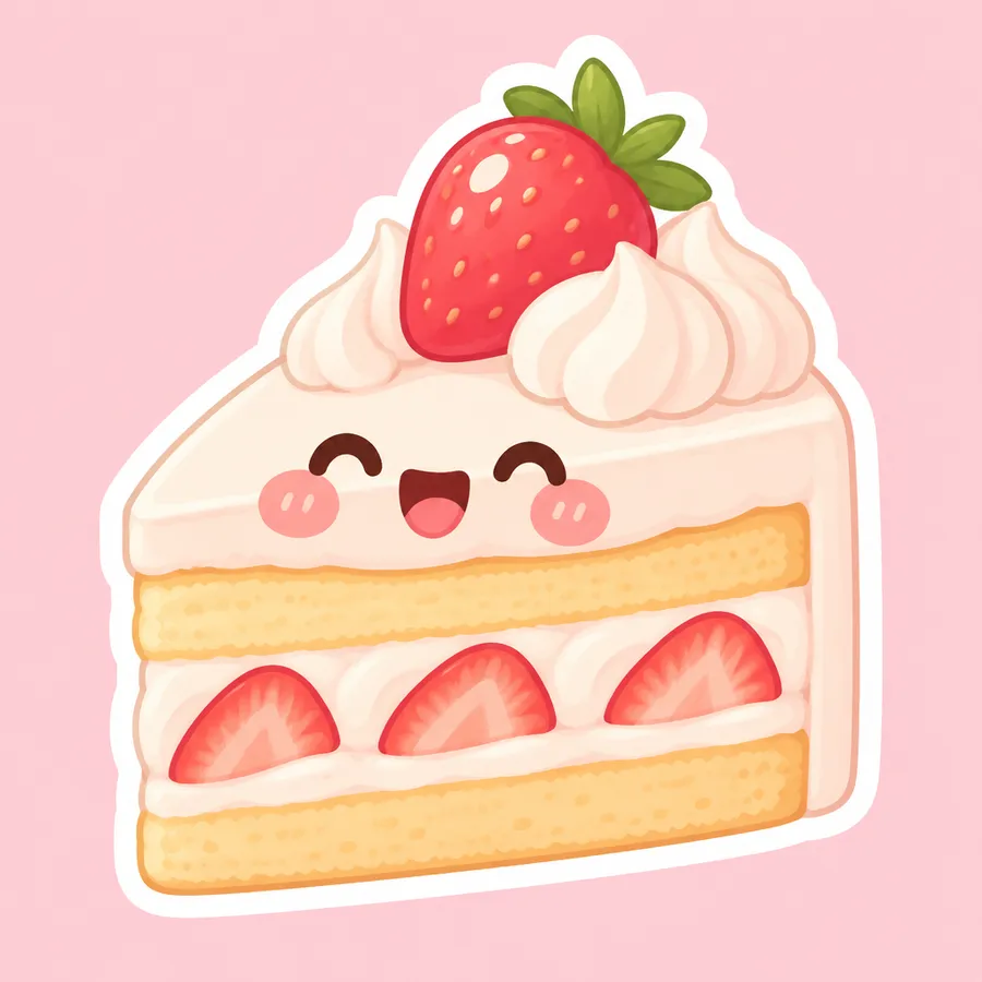 Kawaii strawberry cake slice sticker with a blushing face