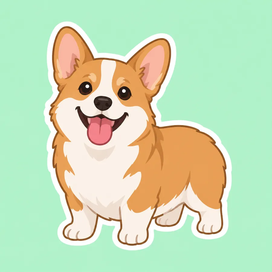 Flat cartoon corgi sticker with tongue out and thick white outline
