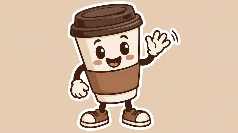Coffee cup mascot sticker waving, flat illustration with white outline