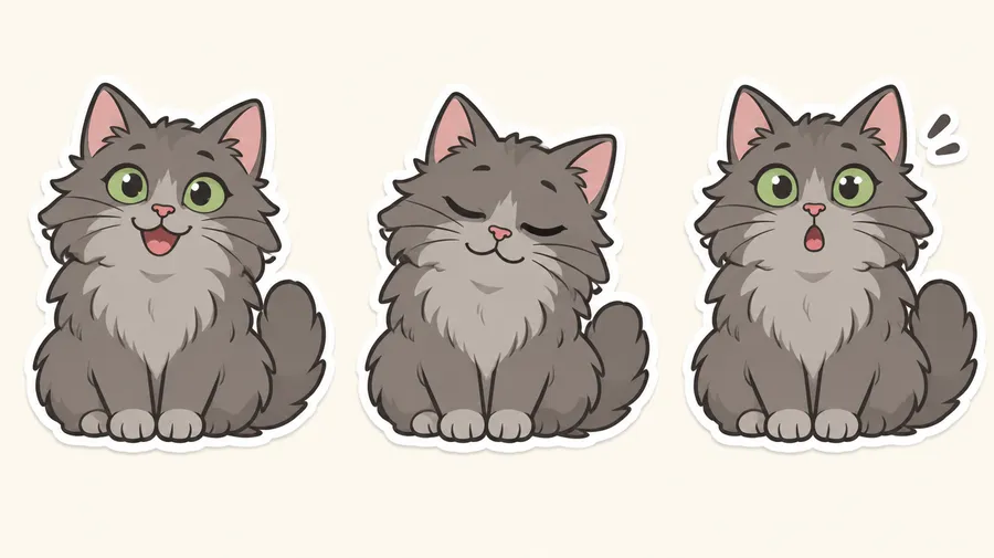 Three cartoon stickers of the same grey cat: happy, sleepy and surprised