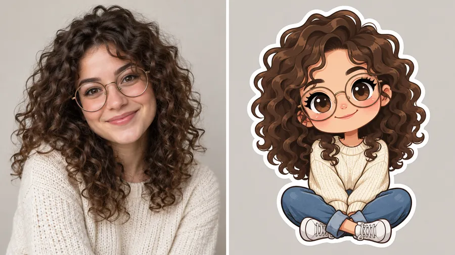 Photo of a woman with curly hair and glasses beside her chibi sticker version