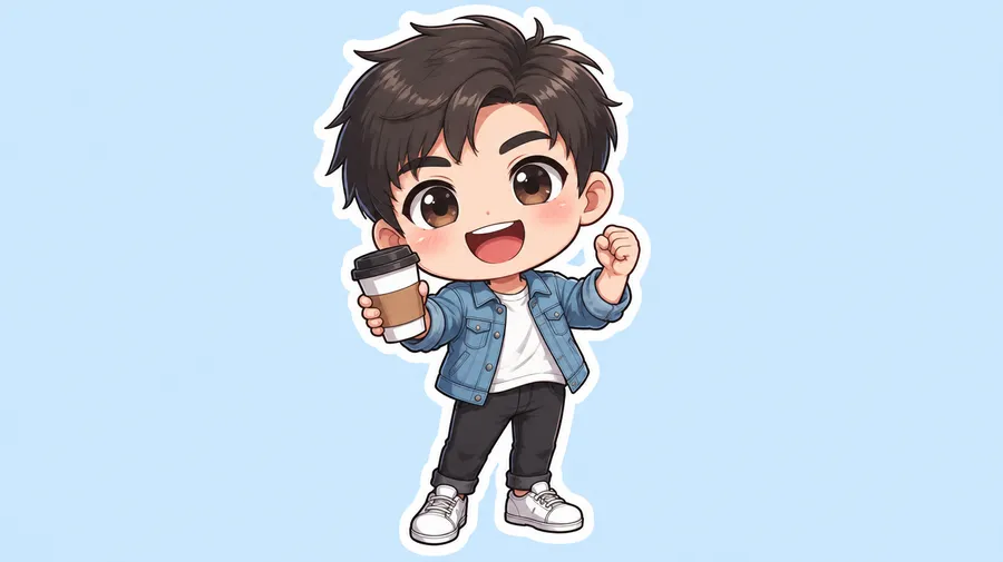 Chibi sticker of a man in a denim jacket holding a coffee cup