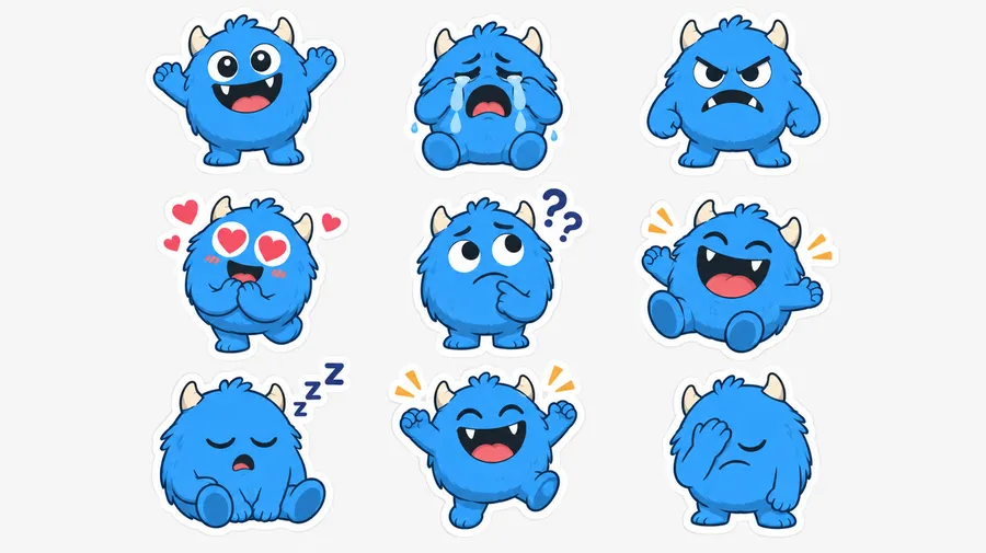 Nine stickers of the same blue monster character with different expressions