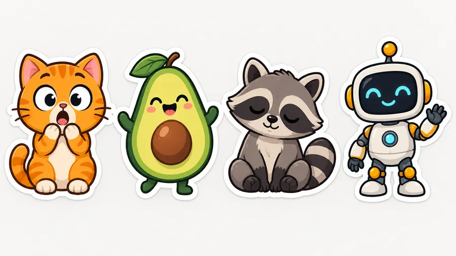 Four cartoon stickers in a row: cat, avocado, raccoon and robot