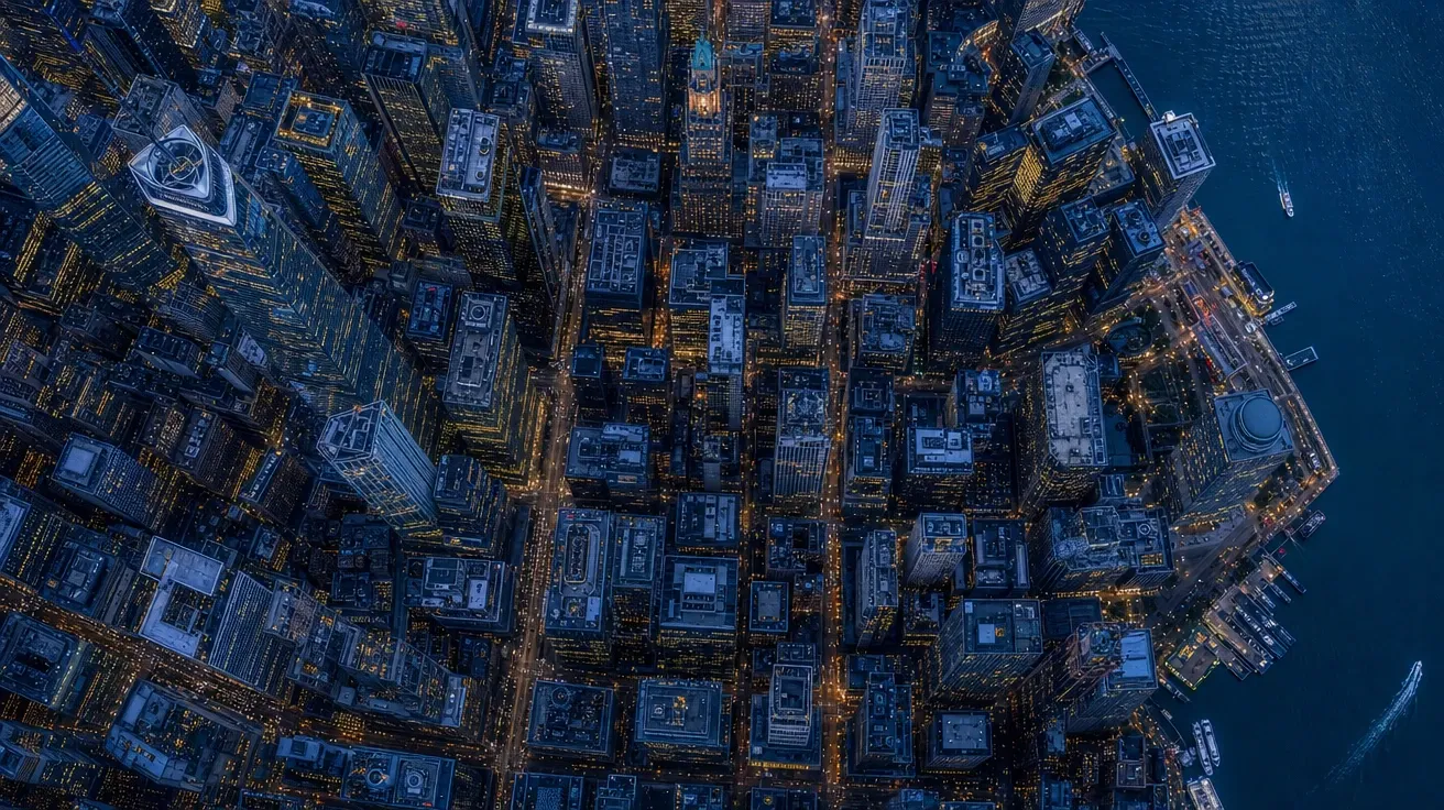 Top-down Manhattan financial district aerial at blue hour — AI-generated aerial stock image.
