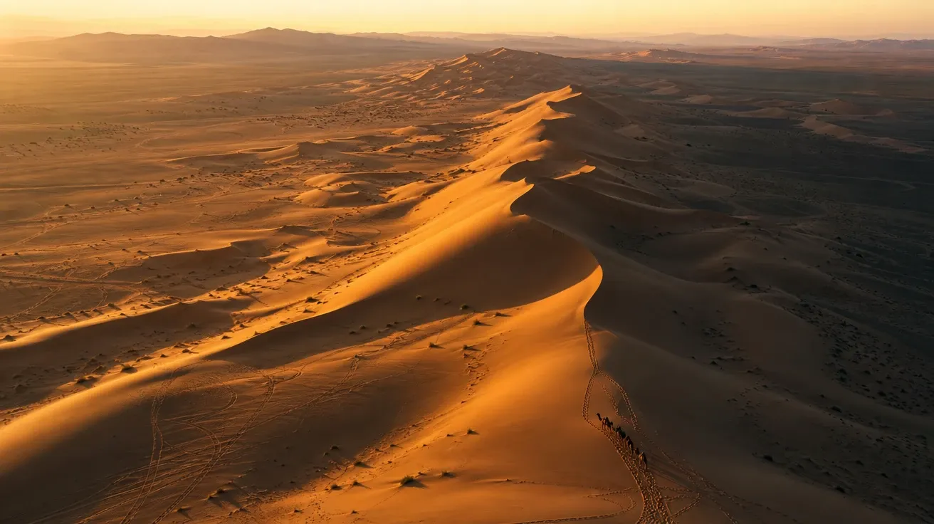 Sahara dune ridge from a drone at dawn with raking shadows — AI-generated aerial image.