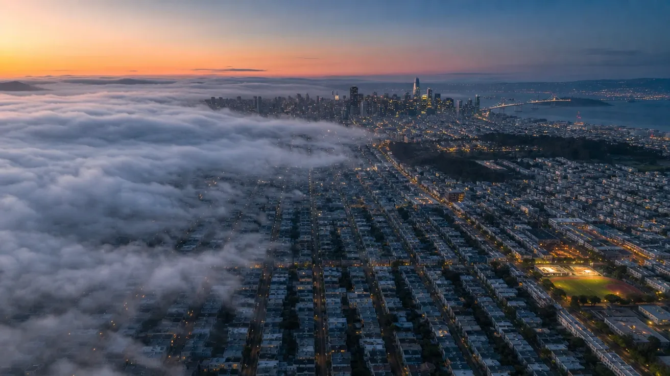 Top-down San Francisco grid at blue hour with rolling fog — AI-generated aerial image.