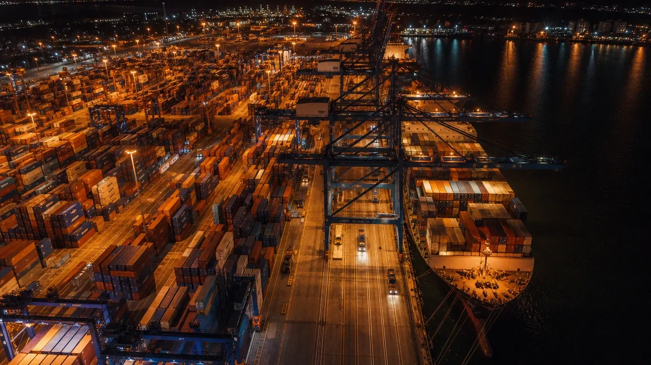 Container port aerial at midnight with sodium-lit quayside — AI-generated aerial image.