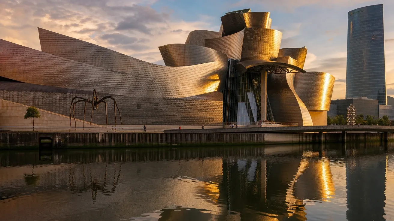 Frank Gehry titanium museum in Bilbao at golden hour — AI-generated architecture image.