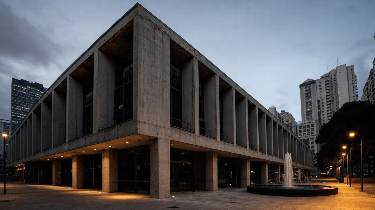 Brutalist civic block in São Paulo at dusk in two-point perspective — AI-generated architecture stock image.