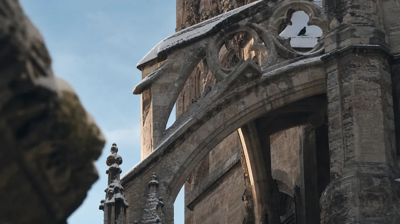 Gothic flying buttress on a French cathedral in winter morning light — AI-generated architecture image.