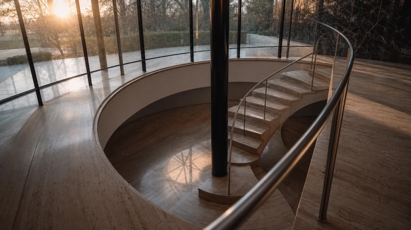 Mies van der Rohe-style stairwell around a black steel column at dawn — AI-generated architecture image.