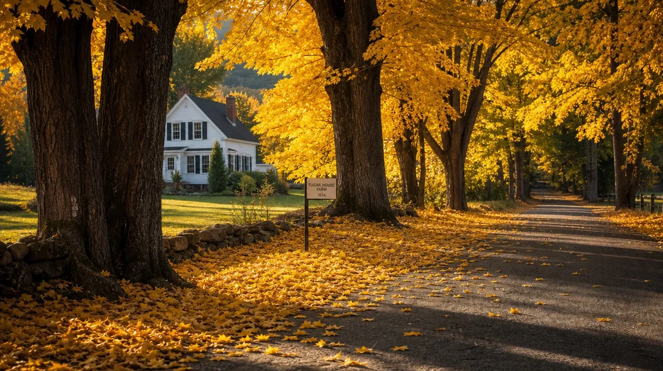 AI autumn image of a country road in Vermont in peak autumn lined with sugar maple trees in pure yellow.