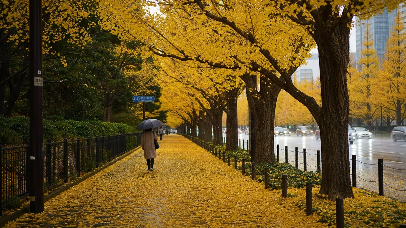 AI autumn image of a Tokyo ginkgo avenue in late November with mature trees in pure golden-yellow leaves.