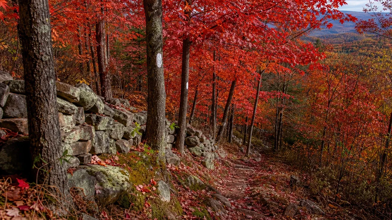 AI-generated autumn picture of a New England forest hillside in peak October red maple color with a stone wall.